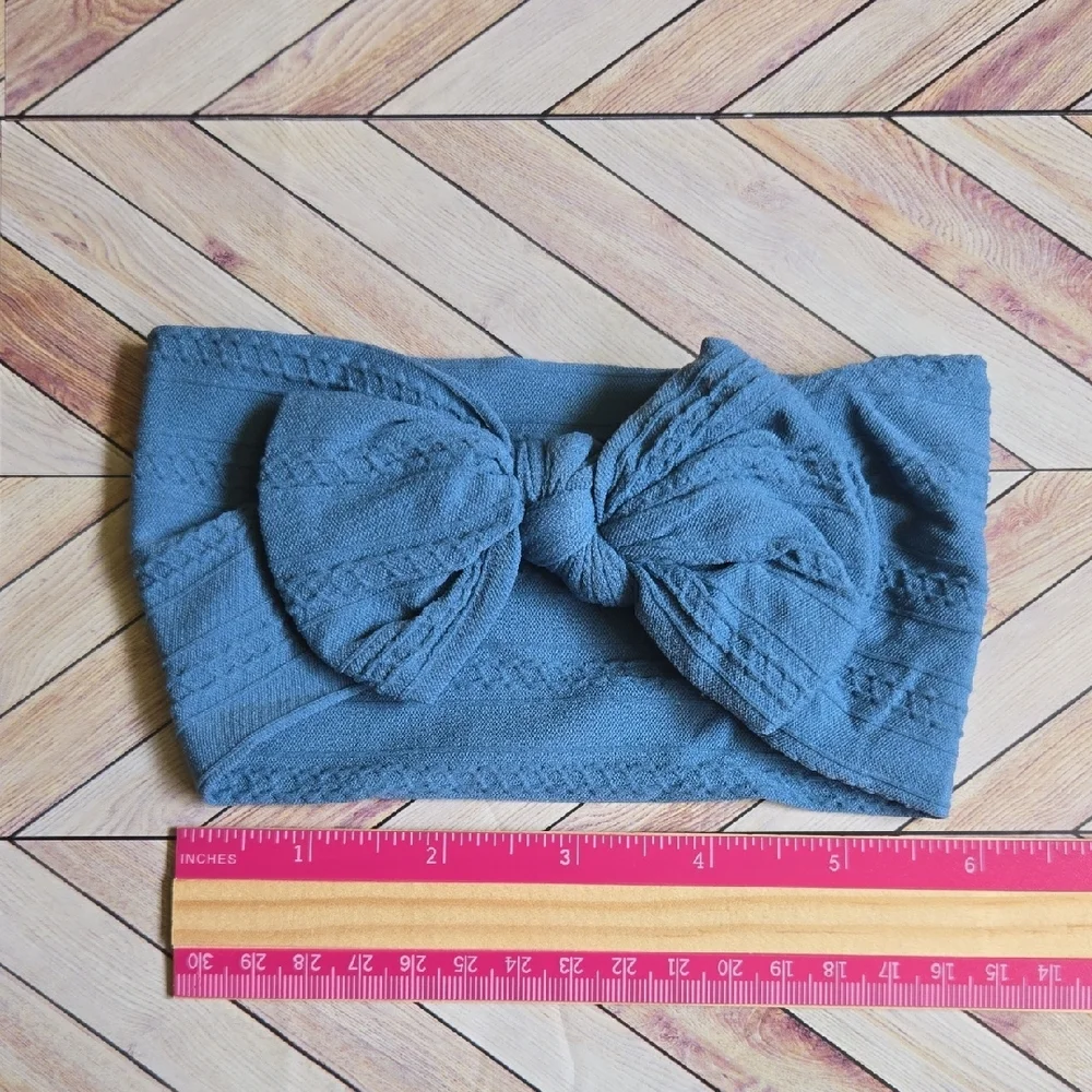 ​Dusty Blue Cable Knit Baby Headband Oversized Bow Soft Stretchy Nylon Hairband